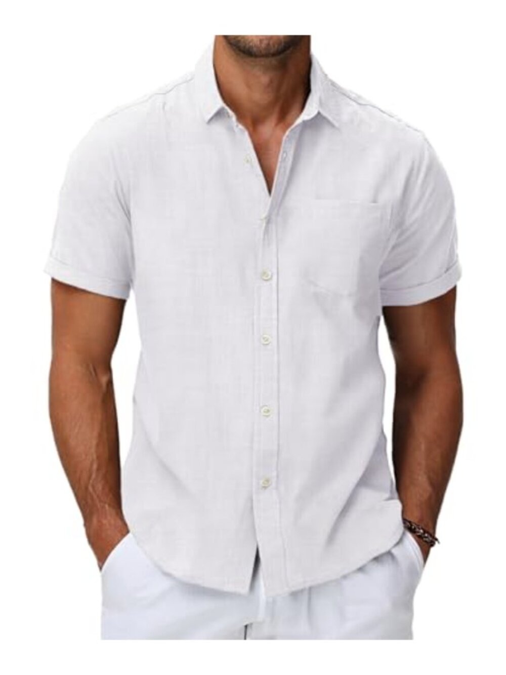 Men's Cotton Linen Short Sleeve Button Down Shirt Casual Dress Shirt